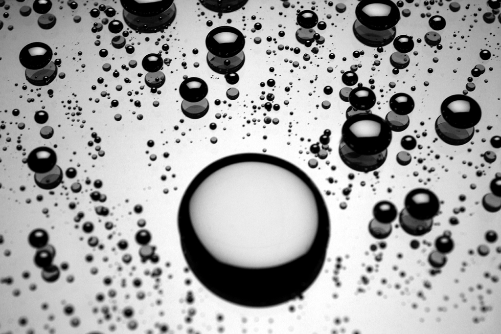 Bubbles suspended in liquid, black and white macro